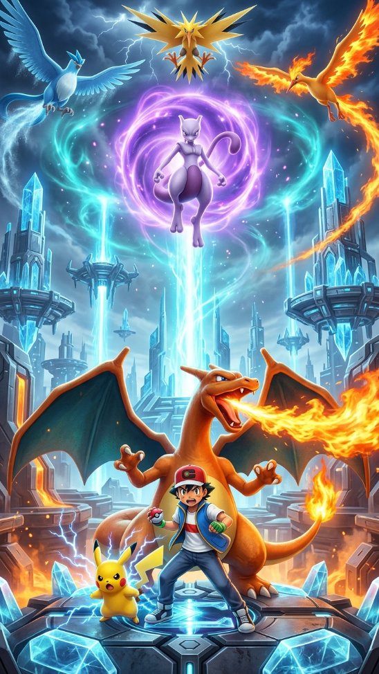Arte promocional do Sigma Project Poke: treinador e criaturas lendárias diante da cidade de cristal